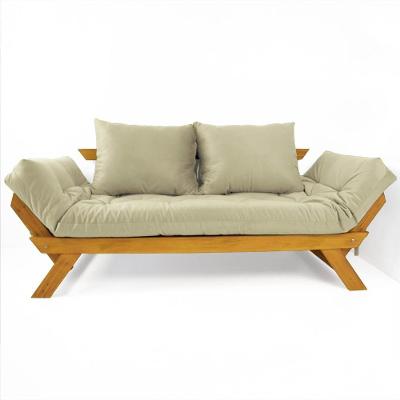 Sofá Japão Futon Sarja Madeira Cor Mel - Bege Claro