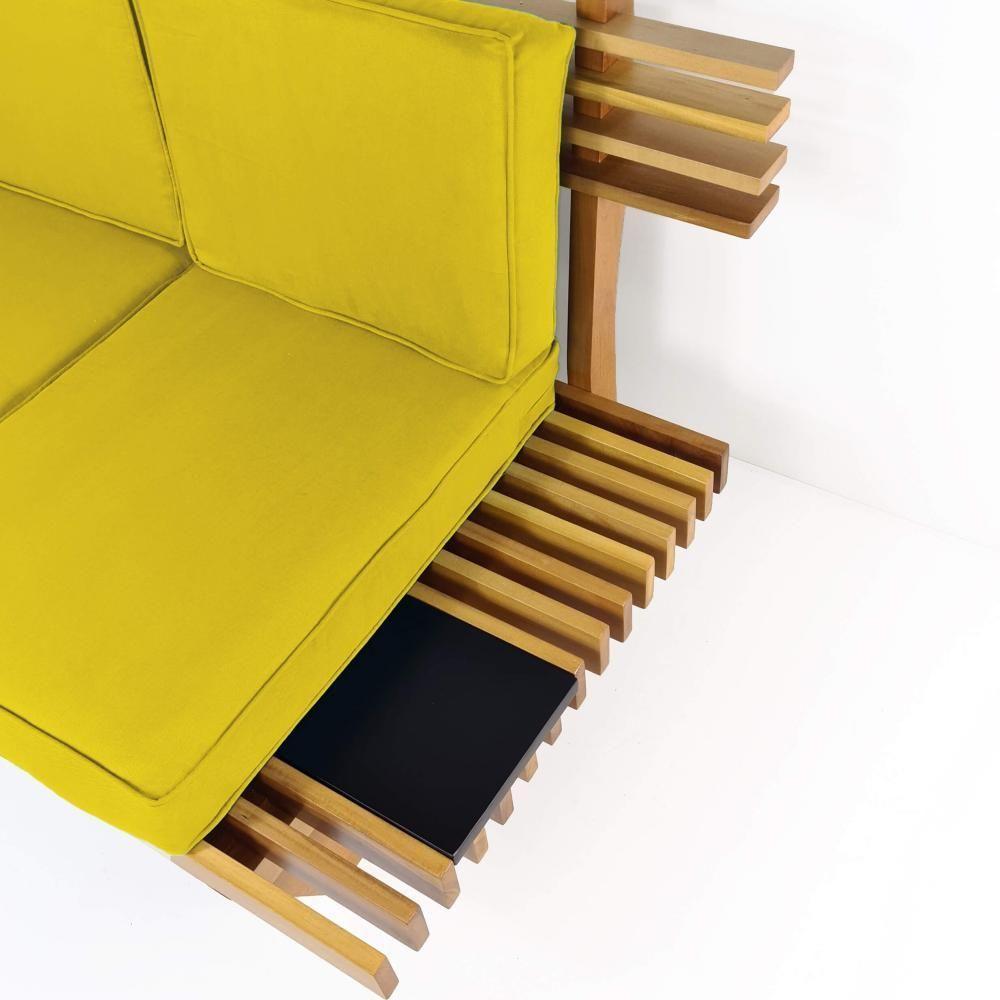 Sofá 3 Lugares Madeira Nobre Maciça Xangai Sala Moderna Amarelo - 3