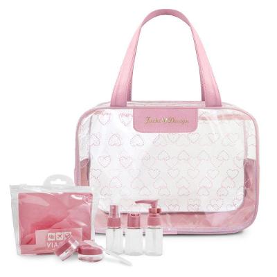 Kit De Bolsa Transparente E Frascos De Viagem De 7 Peças Rosa