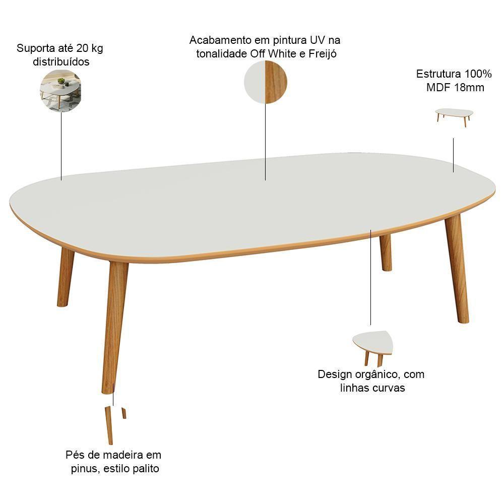 Mesa De Centro Para Sala De Estar Orgânica 90cm Cindy D03 Off White Freijó - Lyam Decor - 3