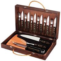 Kit Churrasco Talheres Jumbo Aço Inox Cabo Castanho Polywood Tábua E Estojo Madeira 17 Pç - 1