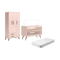 Conjunto Quarto Infantil Retro Berço E Guarda Roupa Lima Rosa Com Colchao - 1
