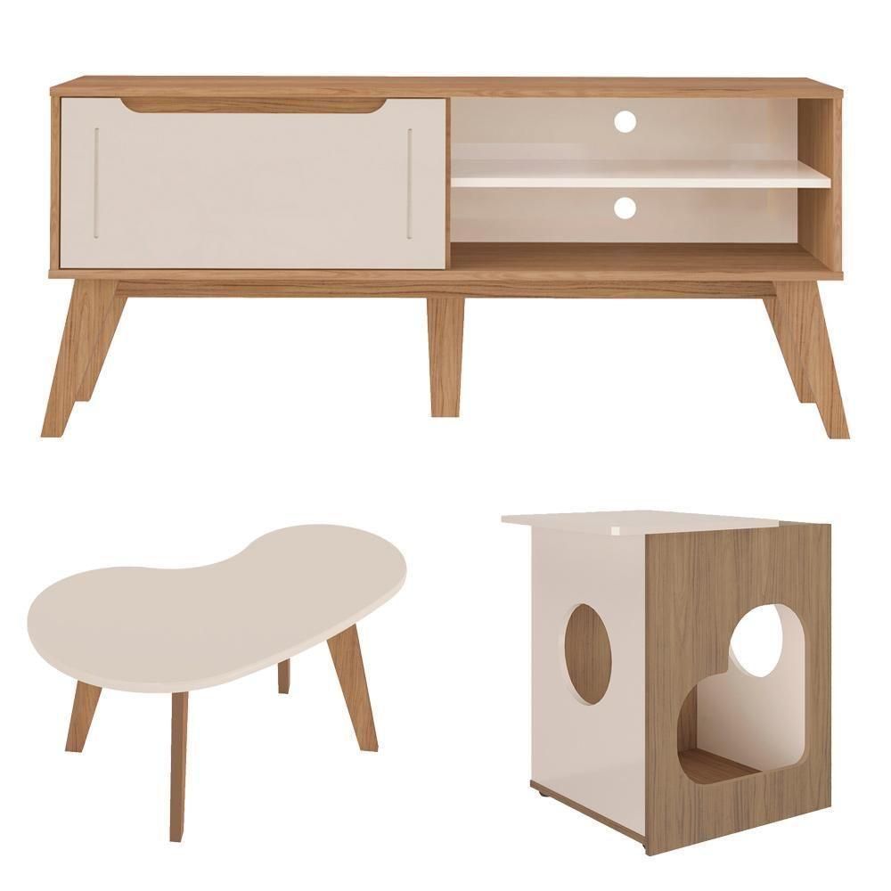 Rack 60 Pol Mesa Centro E Apoio Sala Lop4 Carvalho Off White Arly - 5