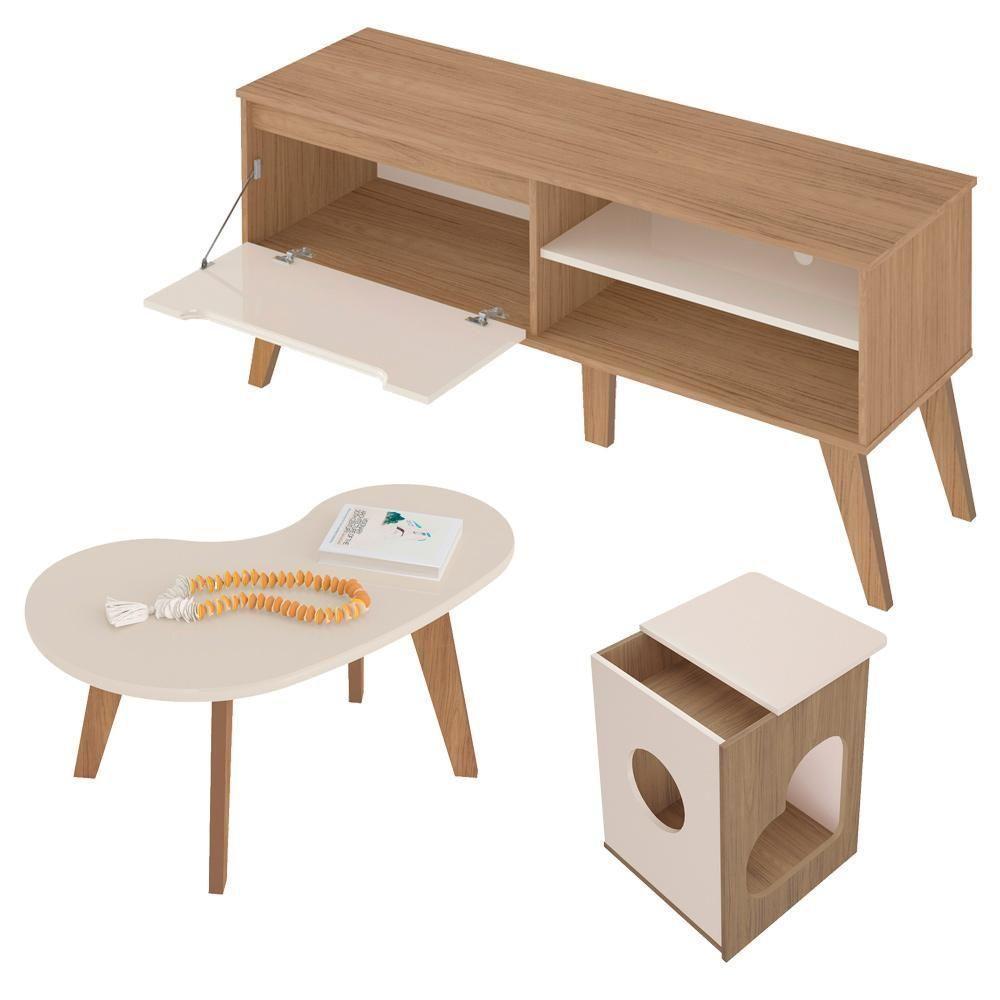 Rack 60 Pol Mesa Centro E Apoio Sala Lop4 Carvalho Off White Arly - 6