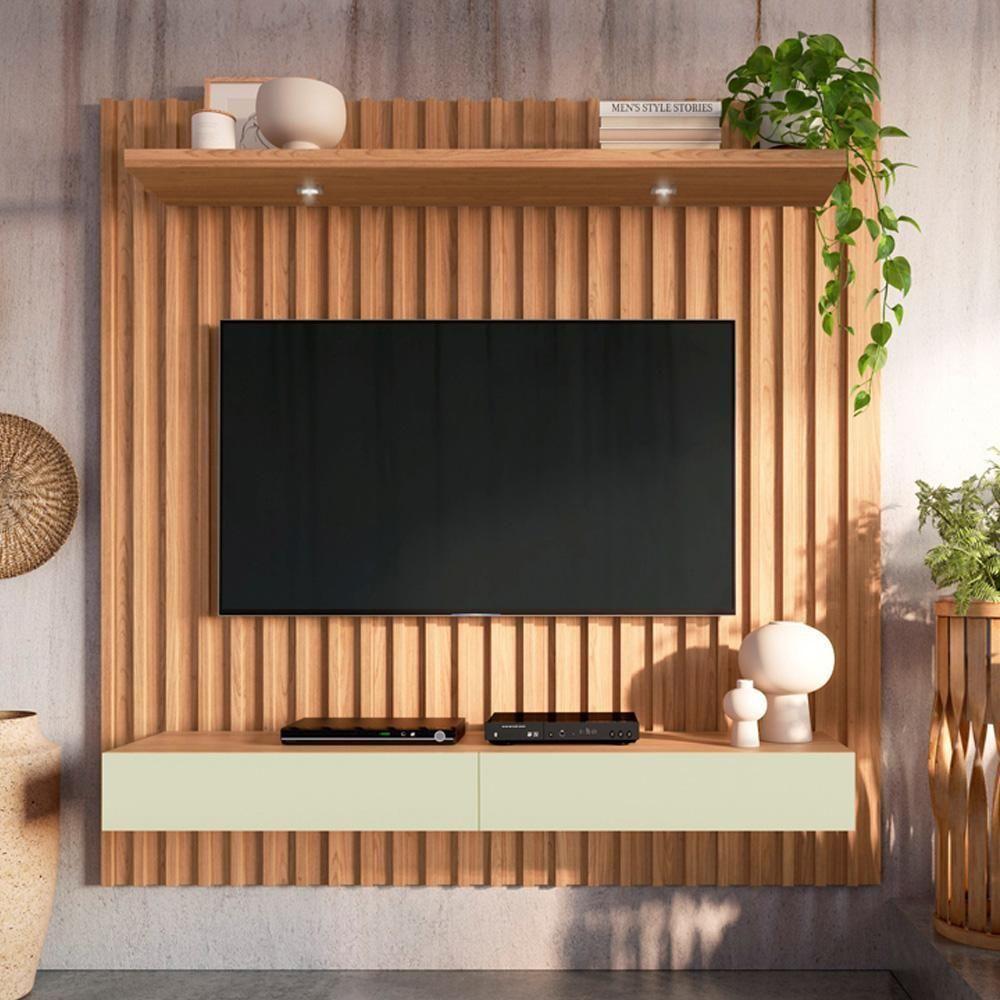 Painel Ripado Para Tv 65 Pol Com Led 2 Gavetas 183cm Baraka D03 Freijó Off White - Lyam Decor - 2