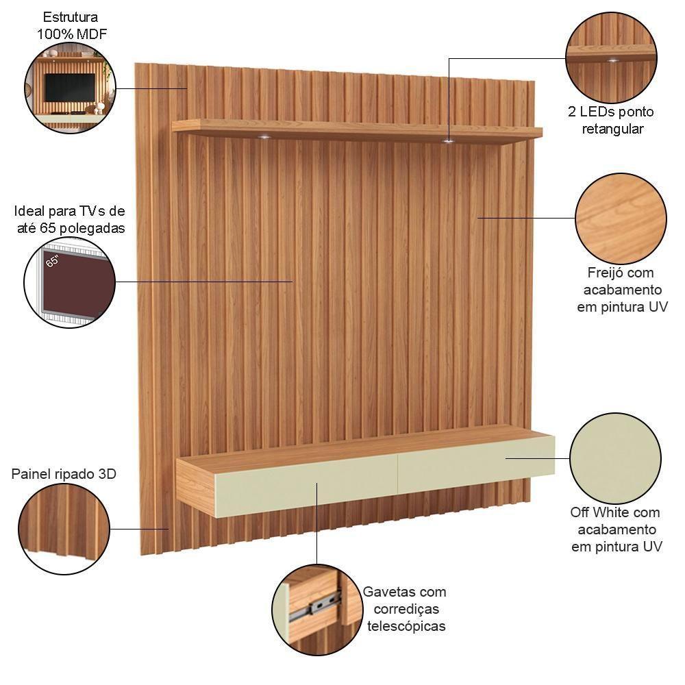 Painel Ripado Para Tv 65 Pol Com Led 2 Gavetas 183cm Baraka D03 Freijó Off White - Lyam Decor - 3