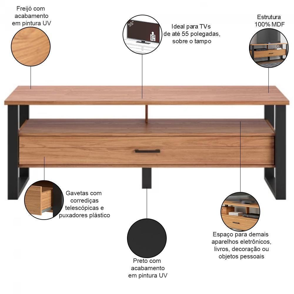 Rack Para Sala De Estar Tv 55 Pol 1 Gaveta York D03 Freijó Preto Fosco - Lyam Decor - 4