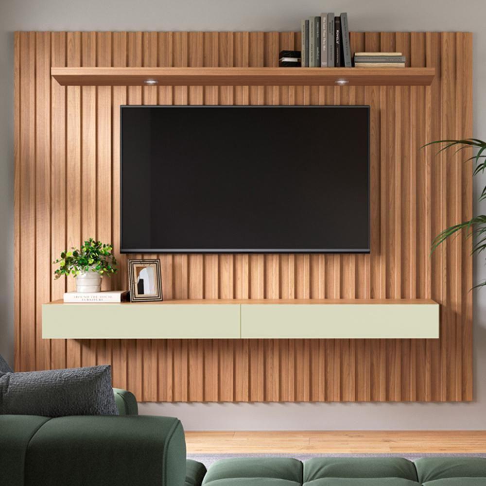 Painel Ripado Para Tv 65 Pol Com Led 2 Gavetas 223cm Baraka D03 Freijó Off White - Lyam Decor - 2