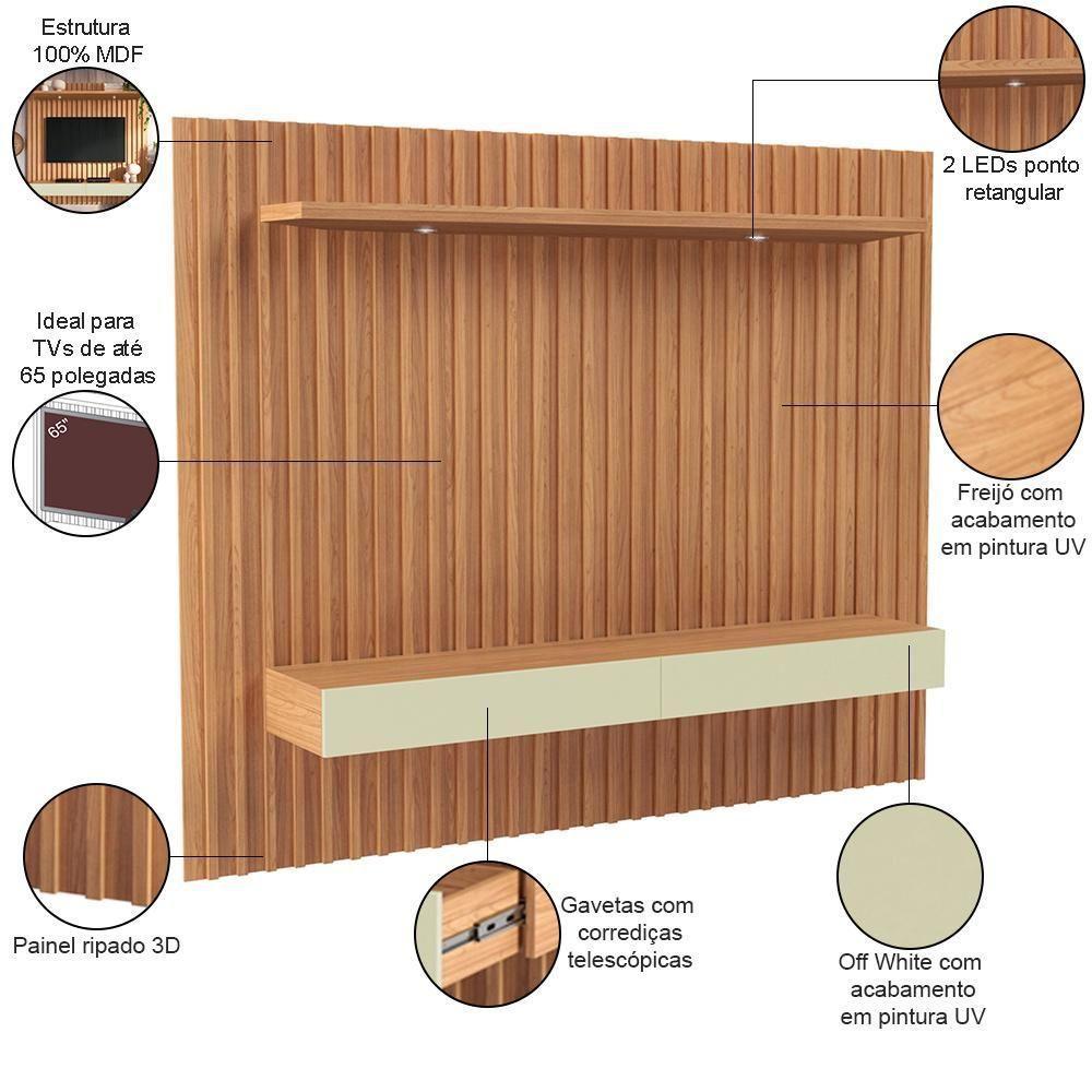 Painel Ripado Para Tv 65 Pol Com Led 2 Gavetas 223cm Baraka D03 Freijó Off White - Lyam Decor - 3