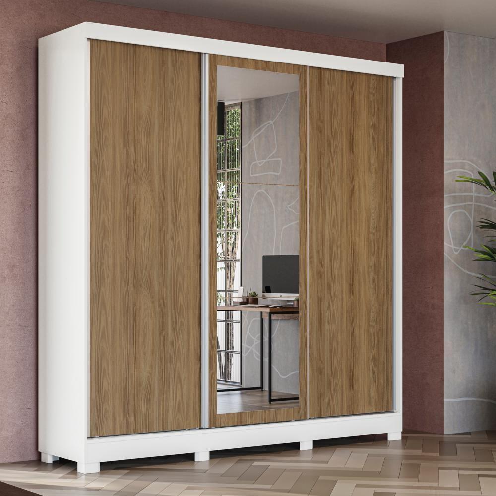 Guarda Roupa Casal Kappesberg 3 Portas Reversíveis de Correr 3 Espelhos 2 Gavetas Branco/Nogueira - 1