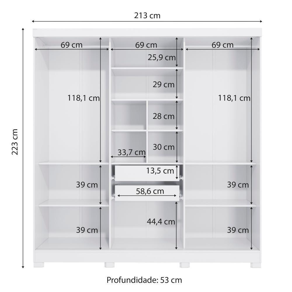 Guarda Roupa Casal Kappesberg 3 Portas Reversíveis de Correr 3 Espelhos 2 Gavetas Branco/Nogueira - 9