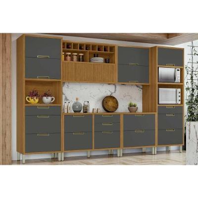 Kit Cozinha Modulada 6 Peças Imperatriz 2 Aéreos + 2 Balcões + 1 Paneleiro C6p48 Freijó Grafite