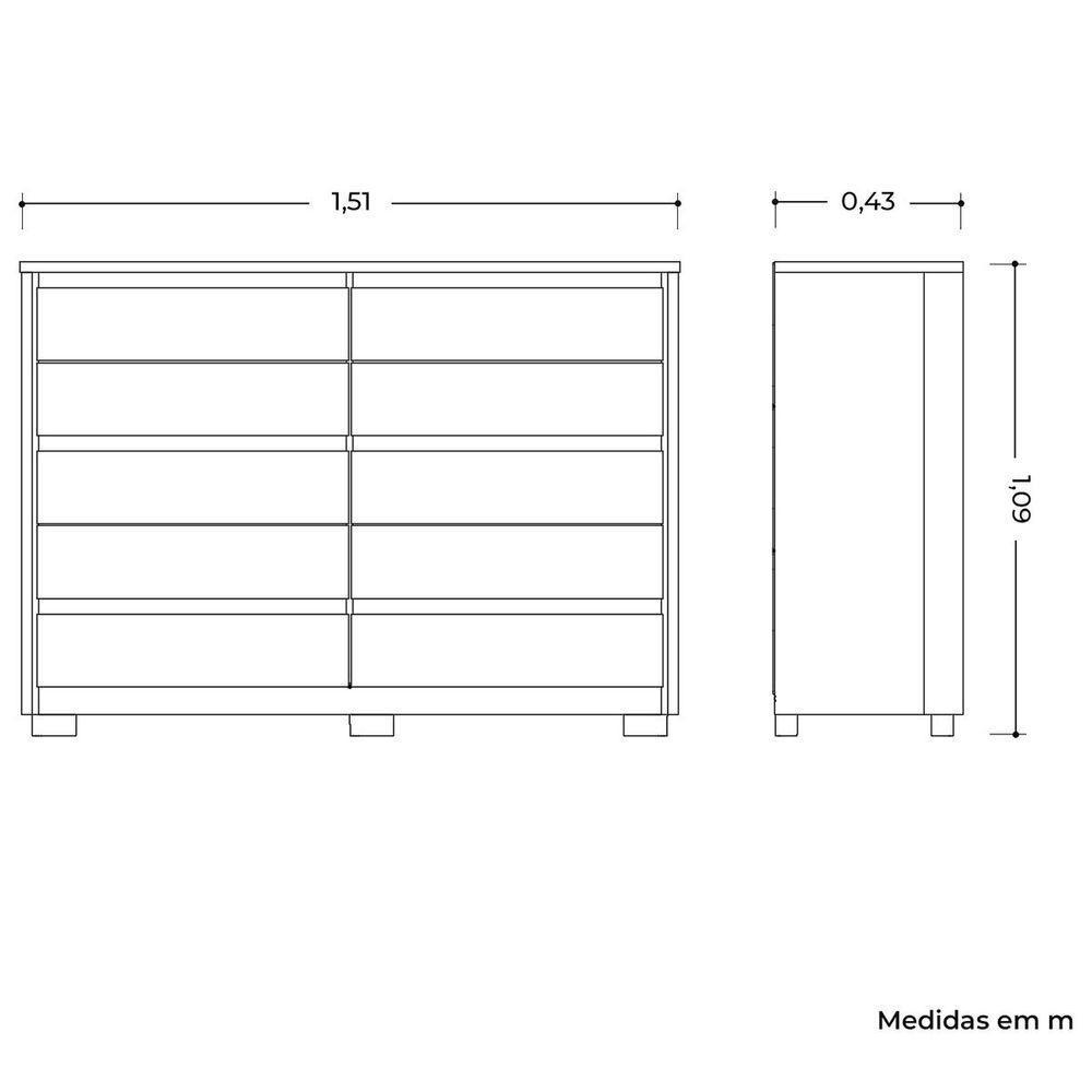 Cômoda Grande 10 Gavetas e Pés Mdp Duello Branco - 10