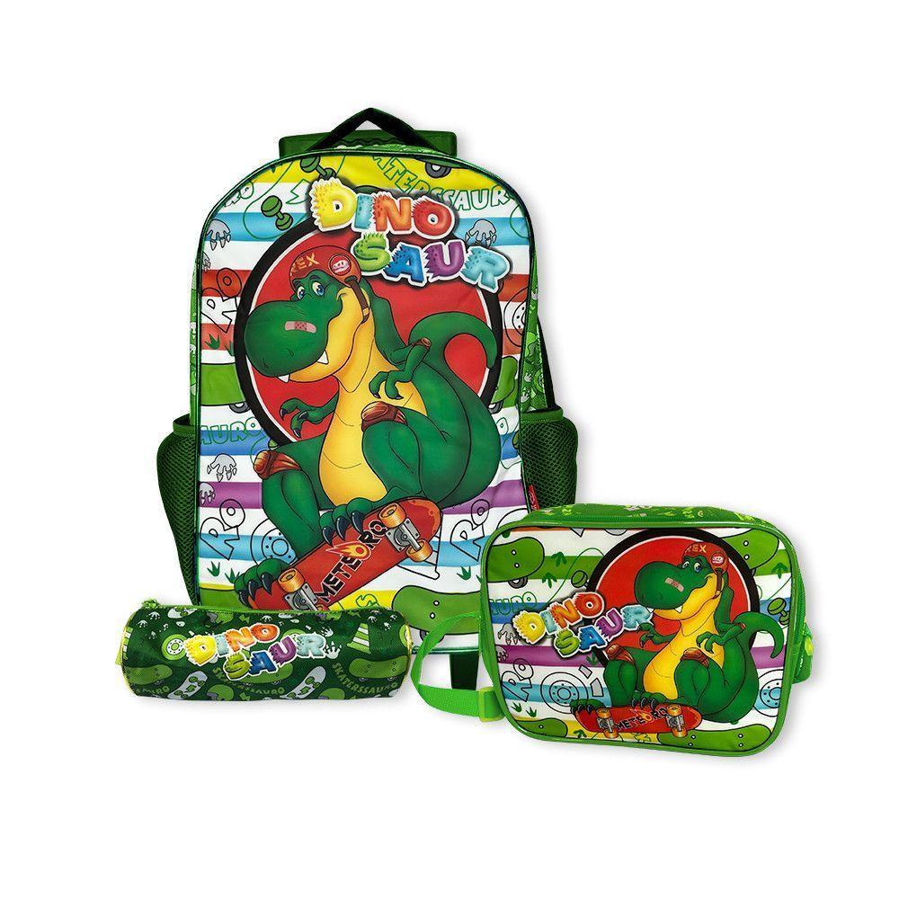 Kit Mochila Infantil Escolar Com 3 Peças Dinossauro Verde - 1