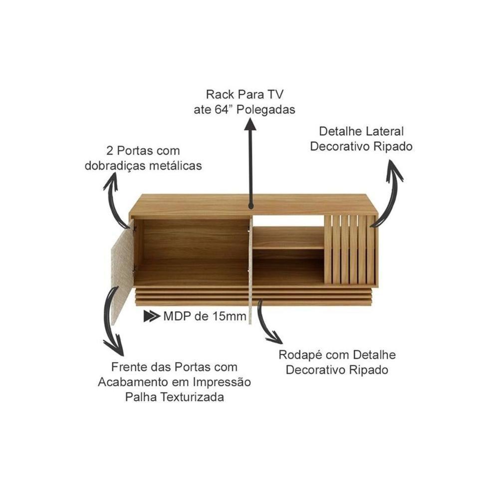 Rack Bancada Com Painel Para Tv Até 65 Pol Pa2914-r1480 Ripado 2 Portas 160x102cm Natural-palha - Tecno Mobili - 2
