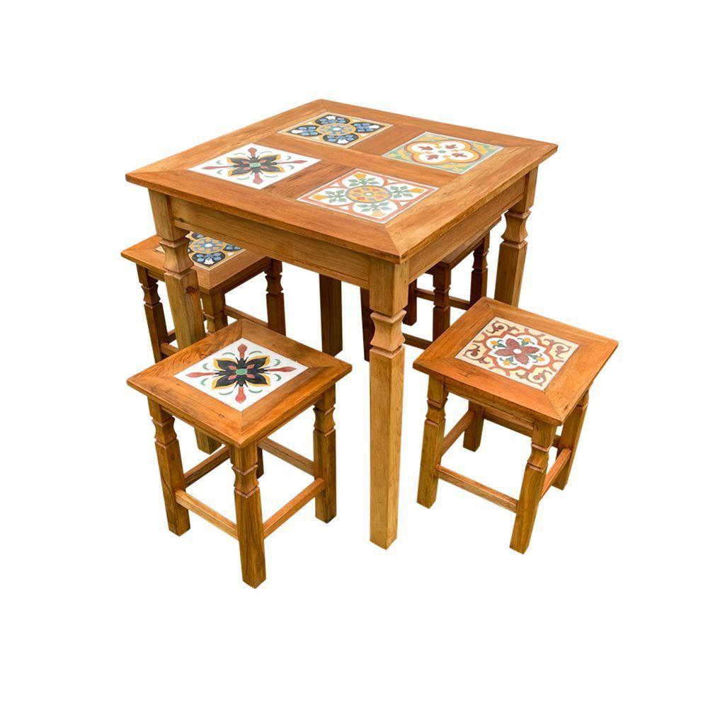 Mesa Em Madeira De Demolição Com 4 Banquinhos De Ladrilho Hidráulico - 1