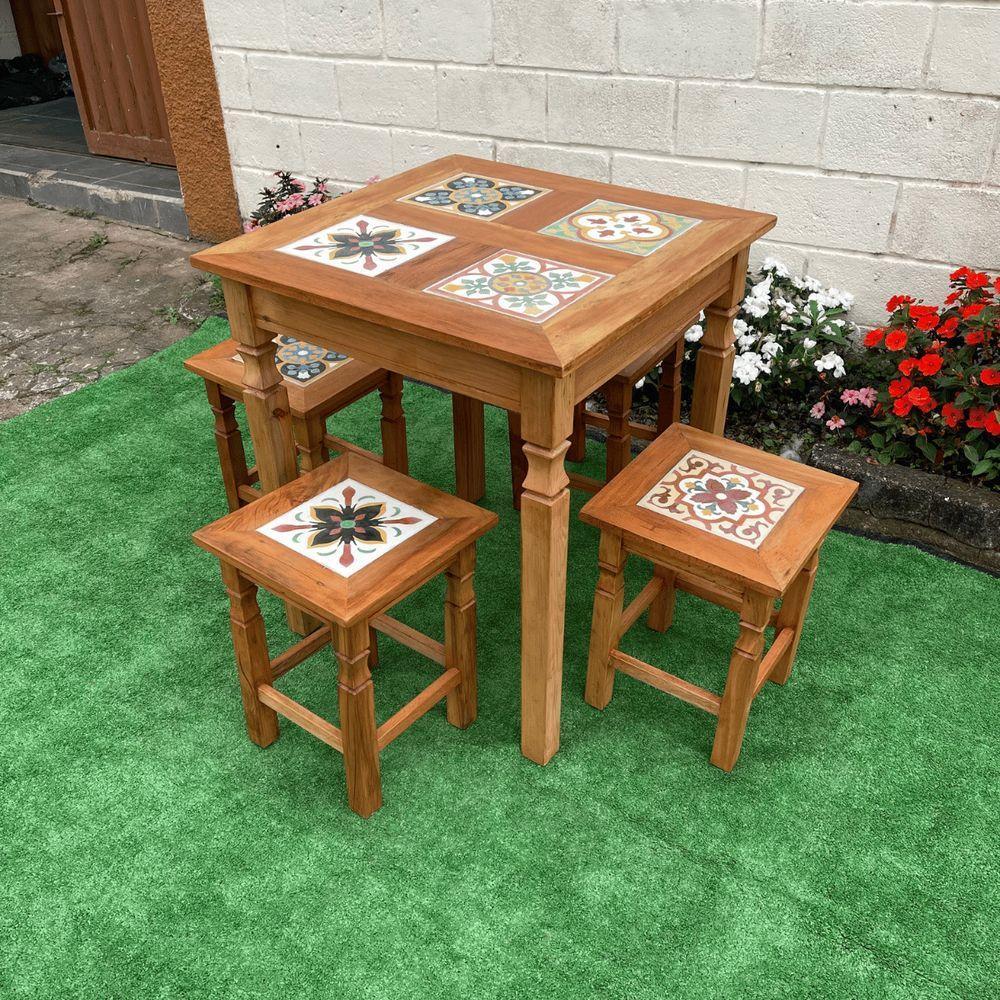 Mesa Em Madeira De Demolição Com 4 Banquinhos De Ladrilho Hidráulico - 9