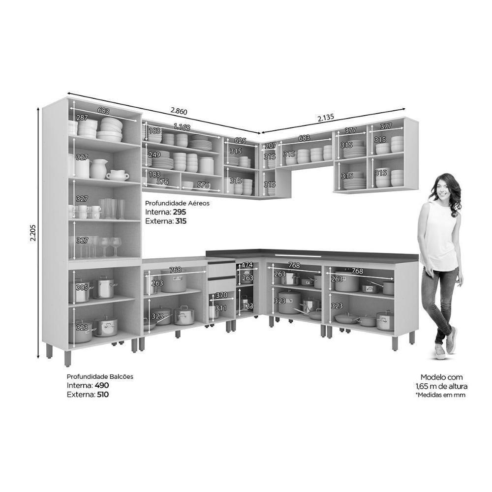 Cozinha Modulada Connect 12 Peças 4aéreos+4balcões+ 1 Paneleiro +3complementos C6p08 Duna Cristal2 Aéreos + 1 Balcão + 1 Complemento - 3