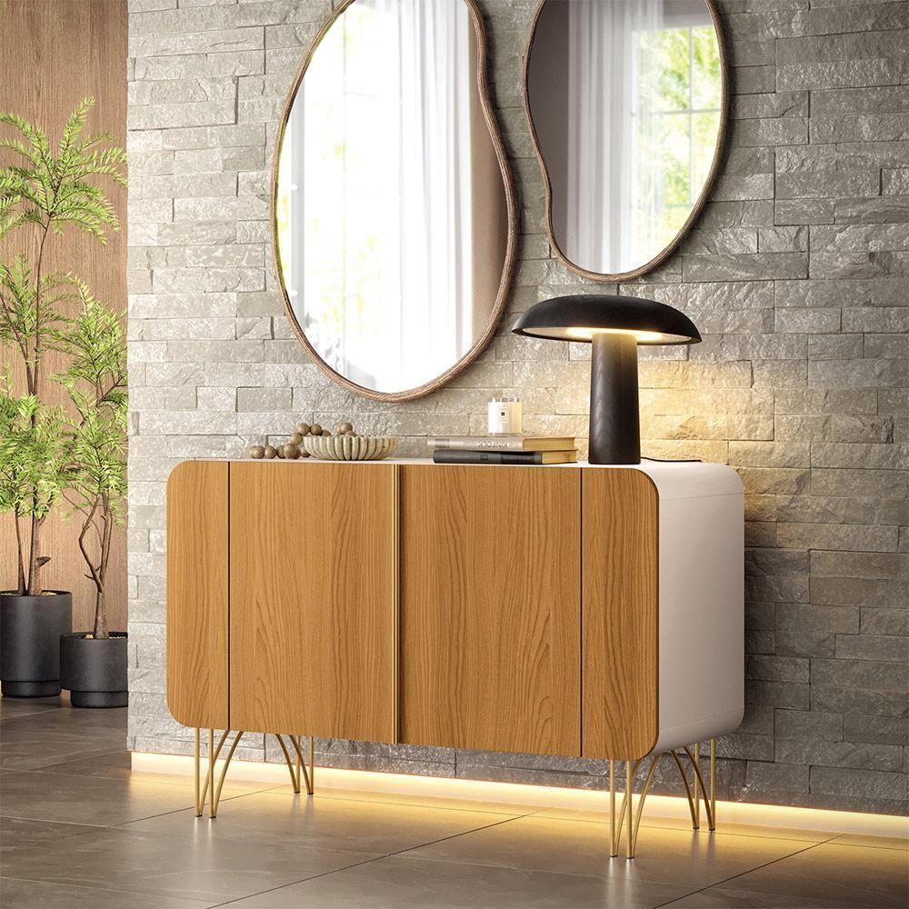 Buffet Decorativo Sala De Estar Bambino Mdp/mdf Pés Em Aço Off White/cinamomo G26 - Gran Belo - 1