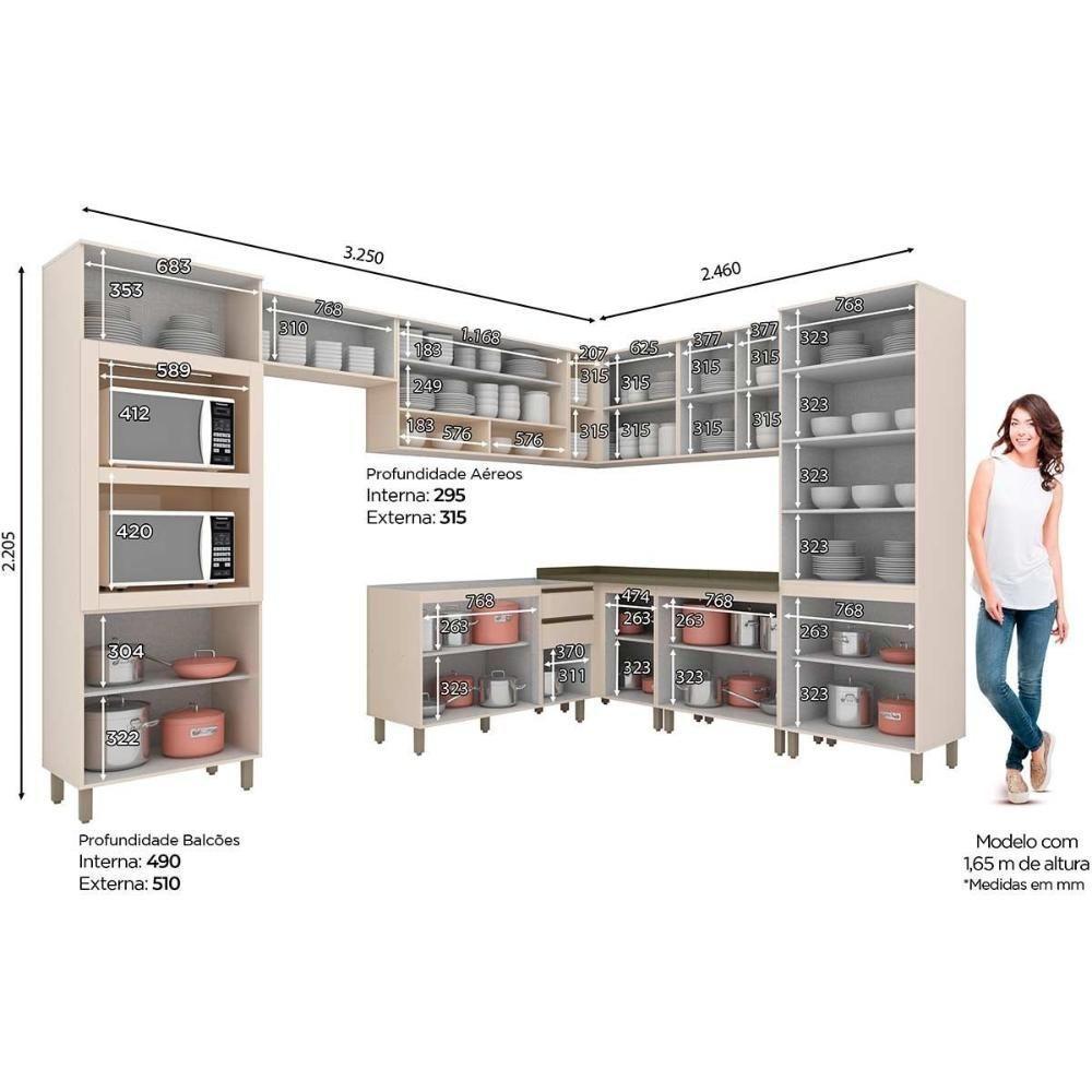 Cozinha Modulada Connect 11 Peças 4aéreos+3balcões+ 2 Paneleiros + 2 Complementos C5p85 Off White2 Aéreos + 1 Balcão + 1 Complemento - 3