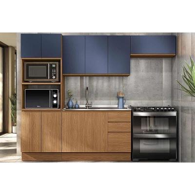 Cozinha Modulada Completa Ciela 4 Peças 2 Aéreos + 1 Balcão + 1 Paneleiro C4p77 Canela Azul Profundo