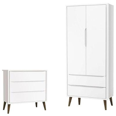Cômoda Infantil Gaveteiro e Guarda Roupa Theo 3 Gavetas em MDF Branco Acetinado com Pés Amadeirado