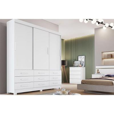 Guarda Roupa Solteiro Buriti-Jequitibá Branco 3 Portas de Correr 9 Gavetas MDP