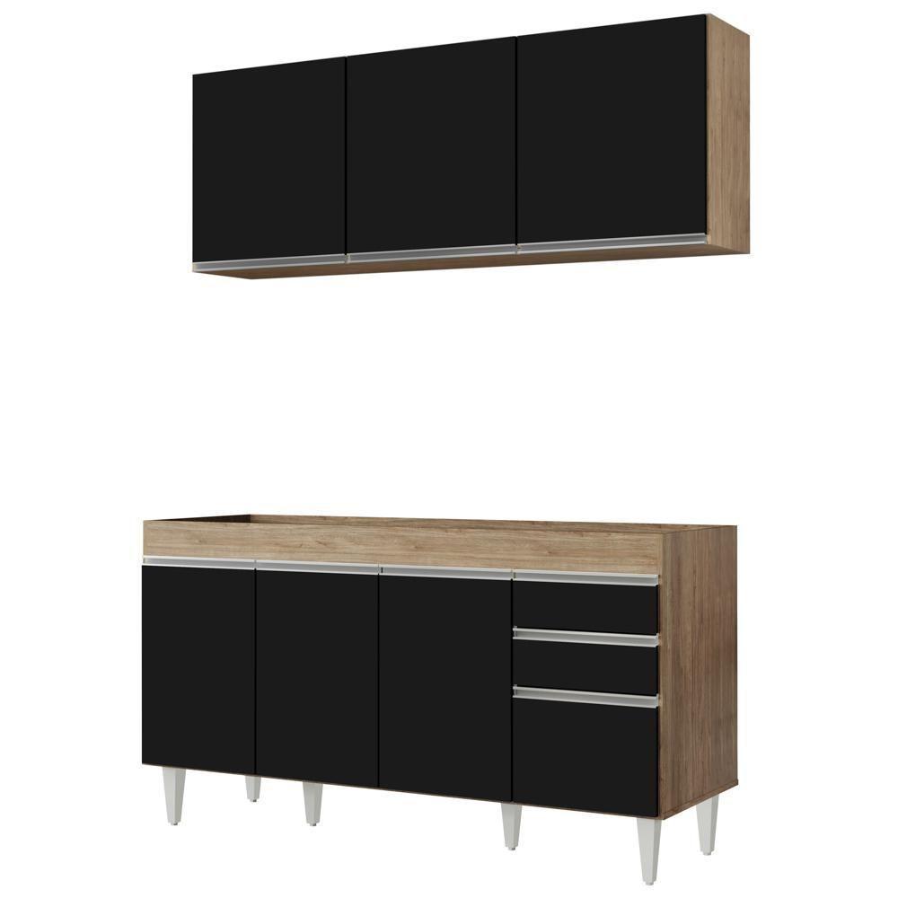 Armário Aéreo Argélia E Balcão Gabinete Para Pia 150cm Sem Tampo Marrocos Castanho-preto - Lumil Móveis - 1