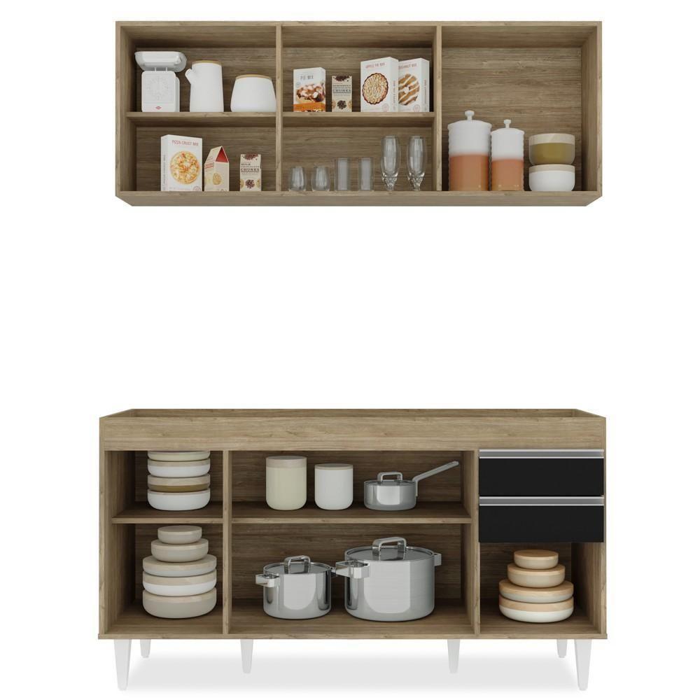 Armário Aéreo Argélia E Balcão Gabinete Para Pia 150cm Sem Tampo Marrocos Castanho-preto - Lumil Móveis - 3