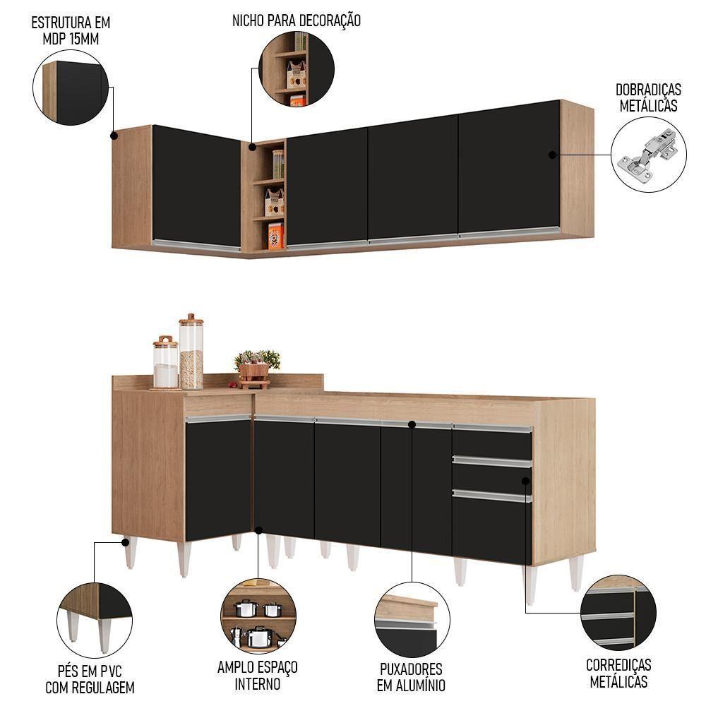 Armário De Cozinha Modulado De Canto Direito 4 Peças Cp40 Balcão Sem Tampo Castanho/preto - Lumil - 3