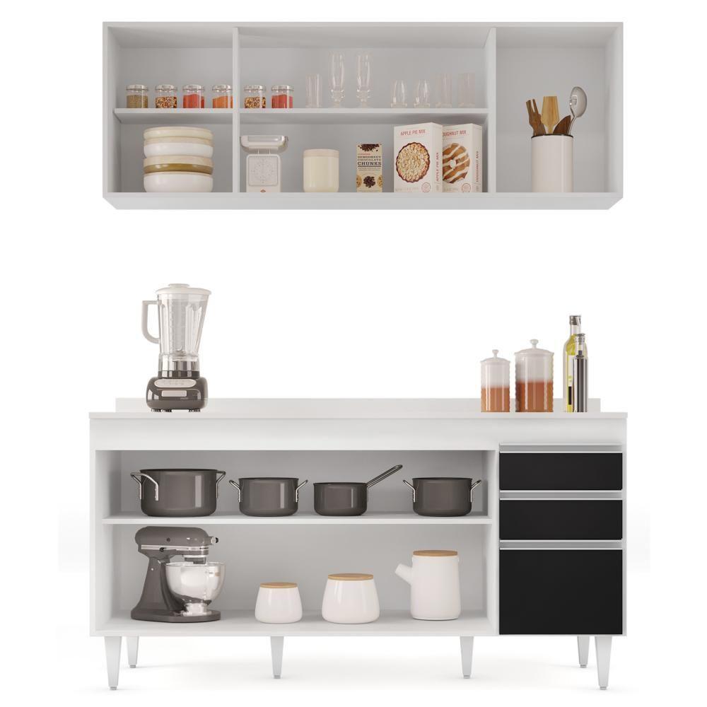 Armário Aéreo Nevada E Balcão Para Pia Com Tampo 160cm Arkansas Branco-preto - Lumil - 3