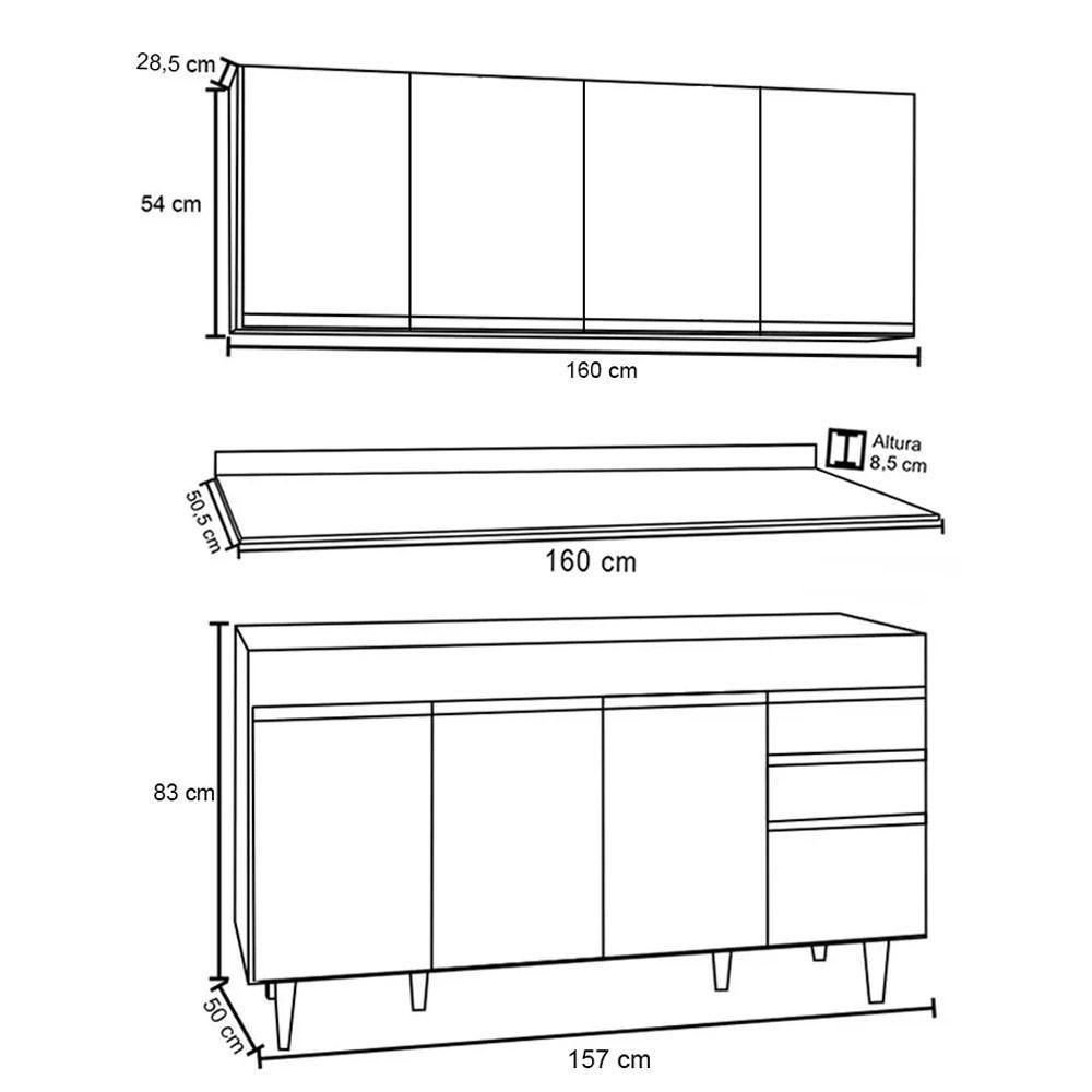 Armário Aéreo Nevada E Balcão Para Pia Com Tampo 160cm Arkansas Branco-preto - Lumil - 4