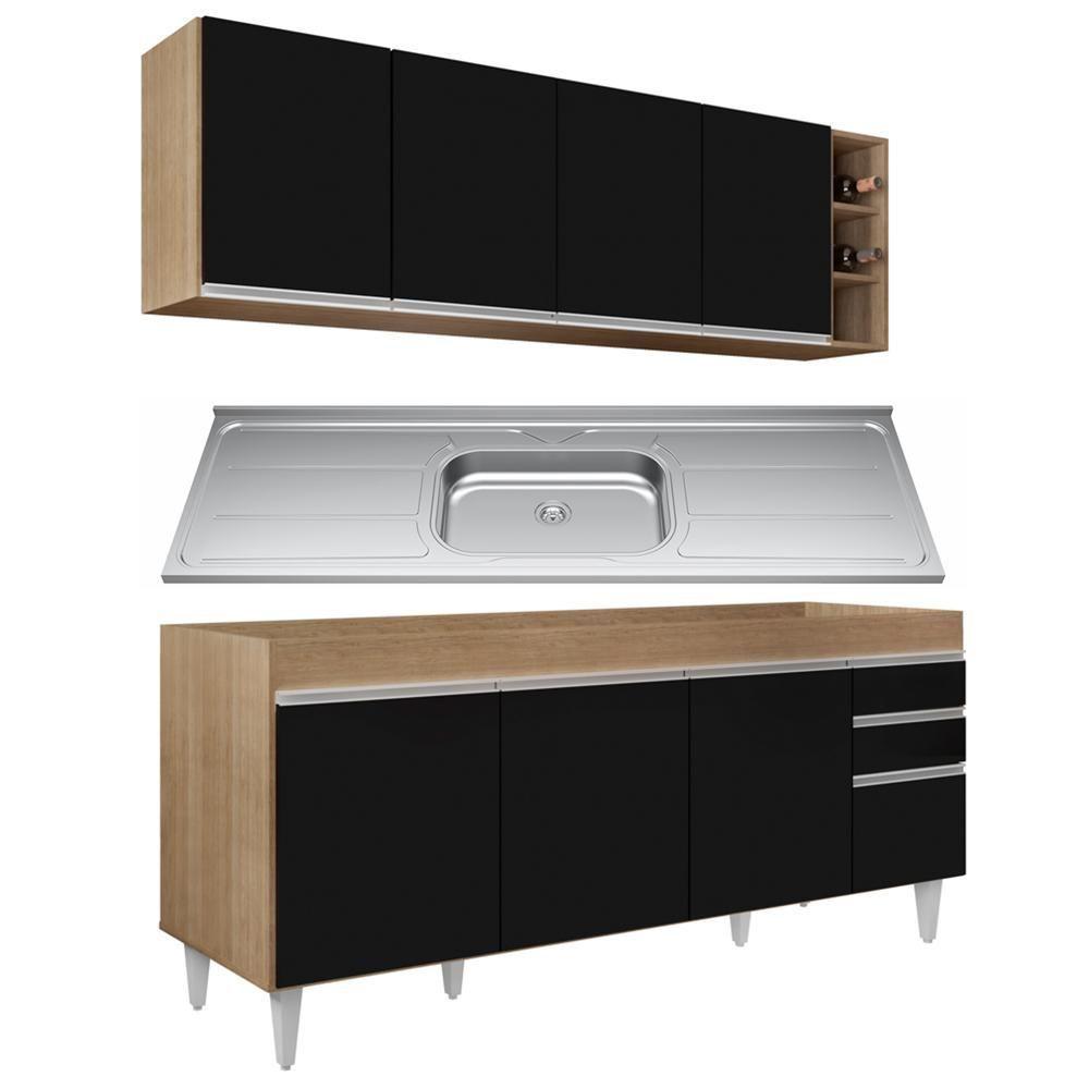 Armário Aéreo Nevada E Balcão Gabinete 180cm Com Pia Dallas Castanho-preto - Lumil - 1