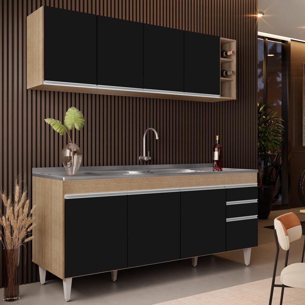 Armário Aéreo Nevada E Balcão Gabinete 180cm Com Pia Dallas Castanho-preto - Lumil - 2