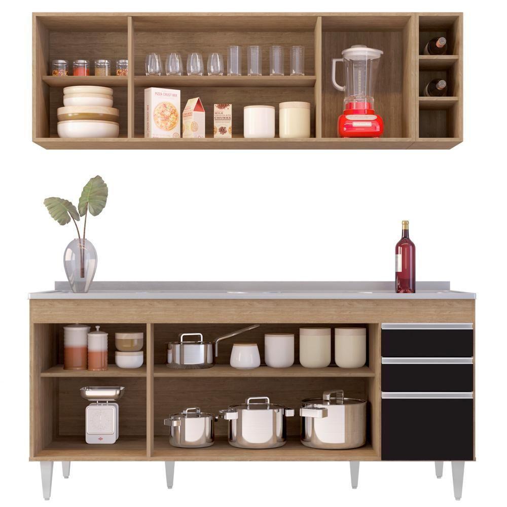 Armário Aéreo Nevada E Balcão Gabinete 180cm Com Pia Dallas Castanho-preto - Lumil - 3