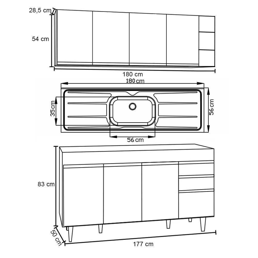 Armário Aéreo Nevada E Balcão Gabinete 180cm Com Pia Dallas Castanho-preto - Lumil - 4