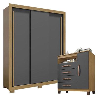 Guarda Roupa Solteiro Nevoa Flex 3 Portas De Correr Com Cômoda Sapateira Cannes Carvalho Americano Grafite - Incorplac
