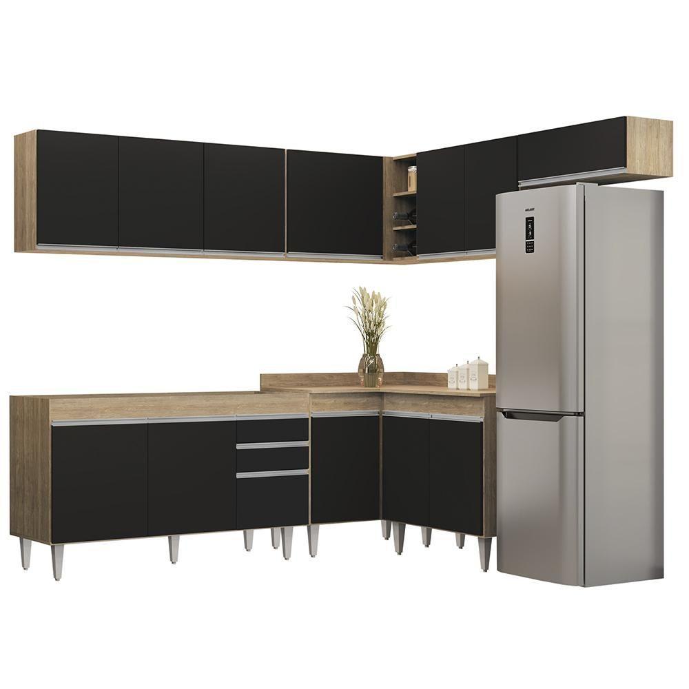 Armário De Cozinha Modulado De Canto 7 Peças Cp22 Balcão Sem Tampo Castanho/preto - Lumil - 1