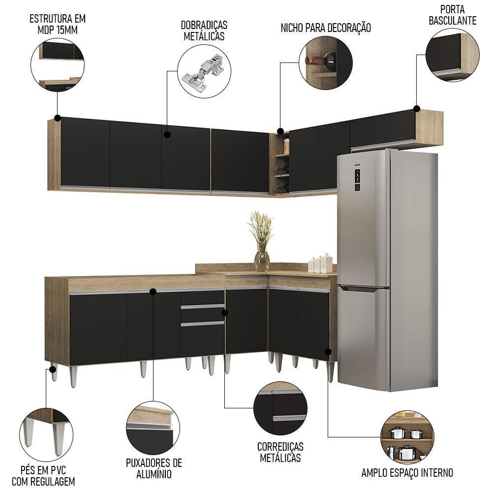 Armário De Cozinha Modulado De Canto 7 Peças Cp22 Balcão Sem Tampo Castanho/preto - Lumil - 3