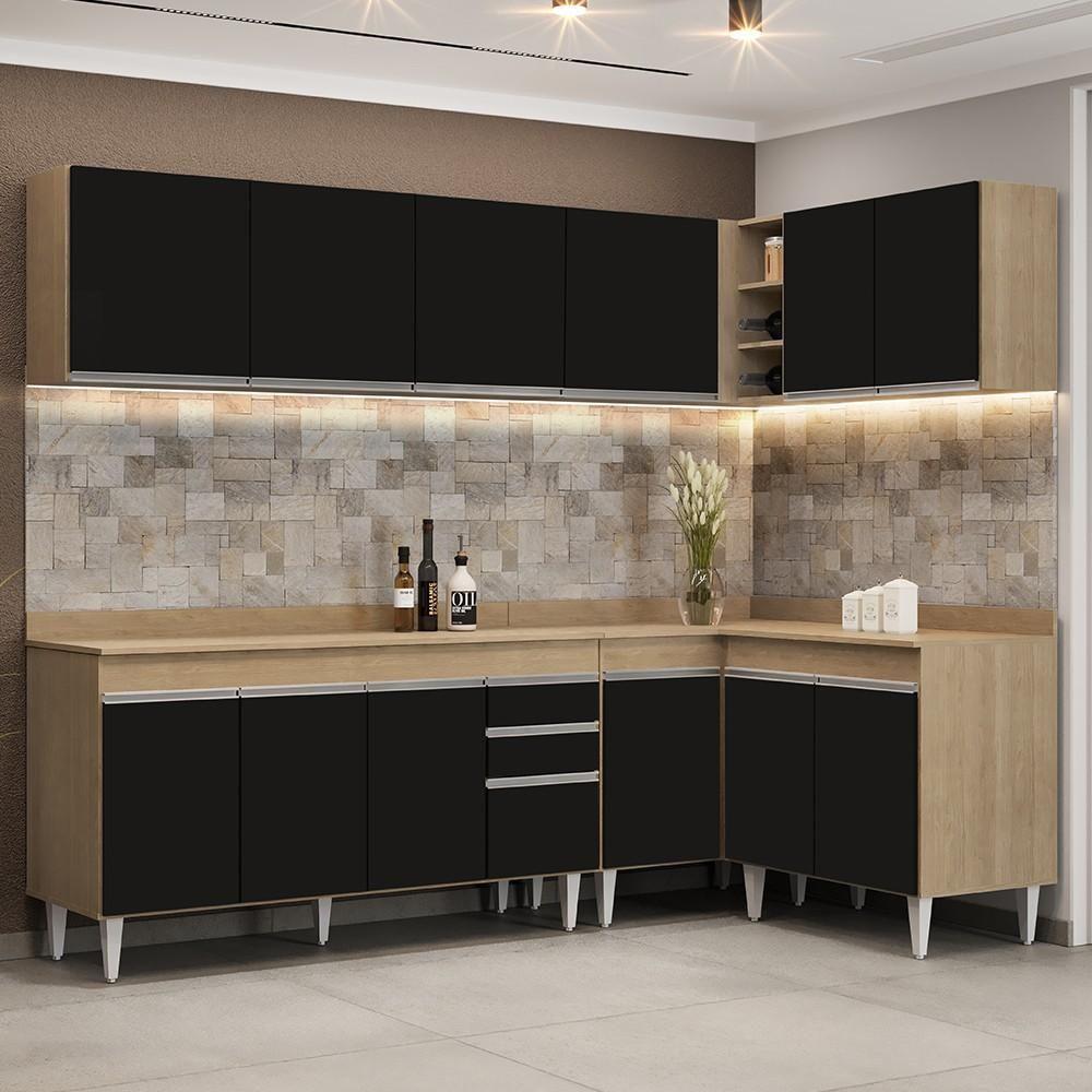 Armário De Cozinha Modulado De Canto 6 Peças Cp32 Balcão Com Tampo Castanho/preto - Lumil - 1