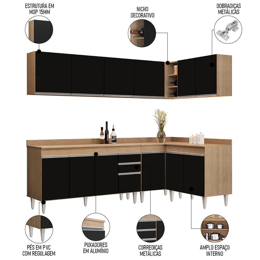 Armário De Cozinha Modulado De Canto 6 Peças Cp32 Balcão Com Tampo Castanho/preto - Lumil - 2