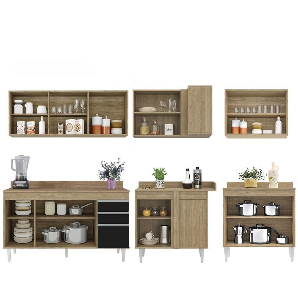 Armário De Cozinha Modulado De Canto 6 Peças Cp32 Balcão Com Tampo Castanho/preto - Lumil - 5