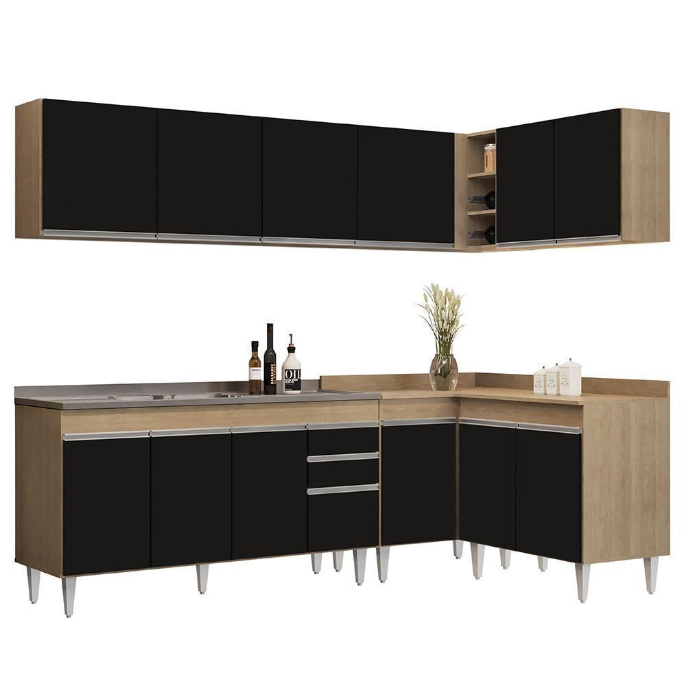 Armário De Cozinha Modulado De Canto 6 Peças Cp33 Com Pia Inox Castanho/preto - Lumil - 1