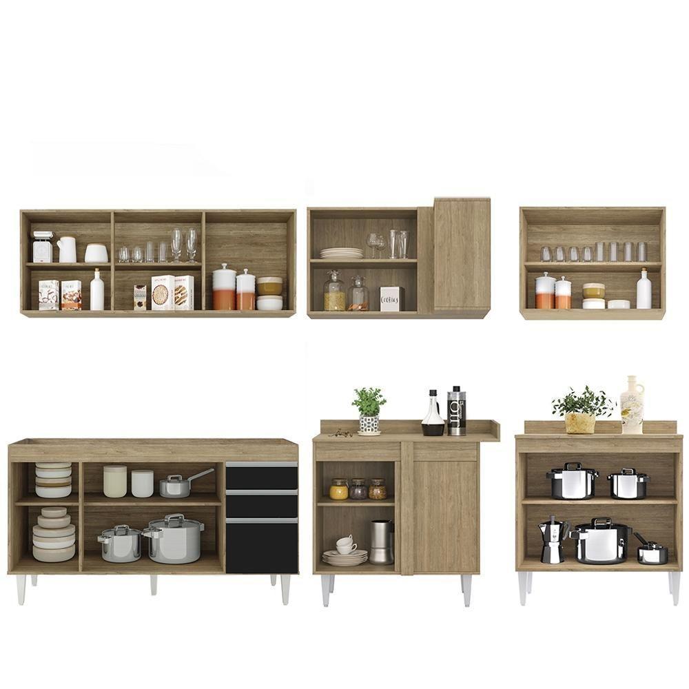 Armário De Cozinha Modulado De Canto 6 Peças Cp31 Balcão Sem Tampo Castanho/preto - Lumil - 6