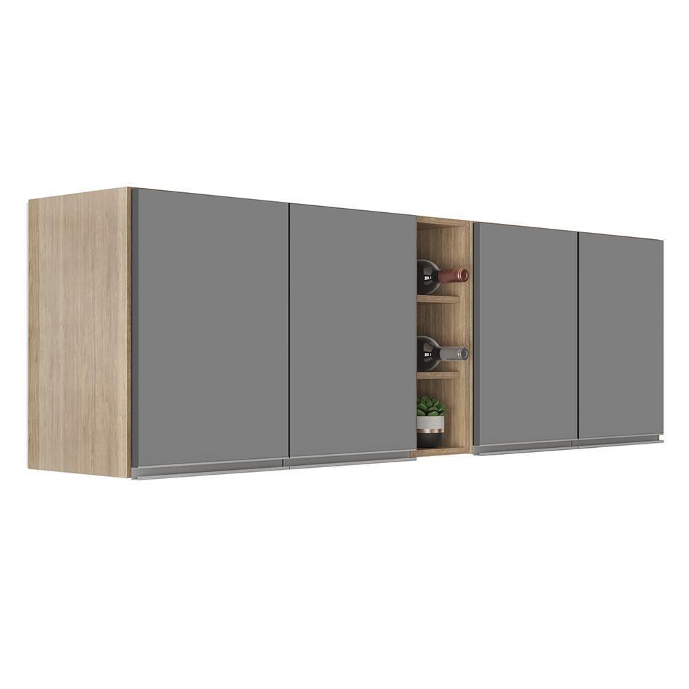 Armário De Cozinha Aéreo Califórnia 180cm Kit 2 Com Nicho Adega Castanho/cinza - Lumil - 1