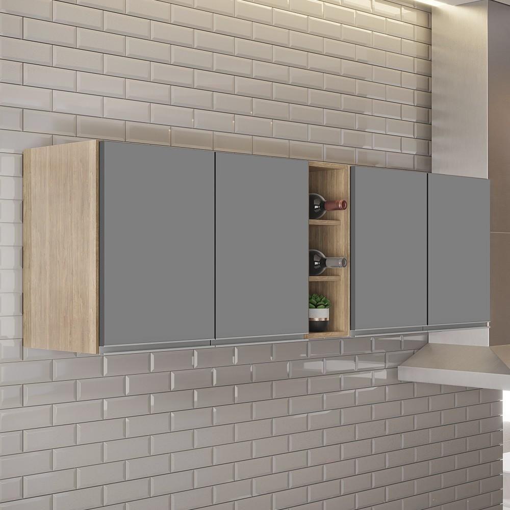 Armário De Cozinha Aéreo Califórnia 180cm Kit 2 Com Nicho Adega Castanho/cinza - Lumil - 2