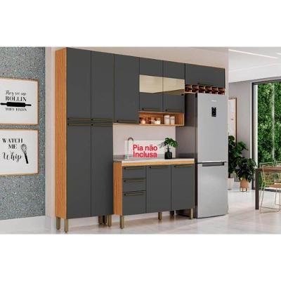 Kit Cozinha Modulada 4 Peças Nápoli Prime 2 Aéreos + 1 Balcão + 1 Paneleiro C4p66 Amendoa Grafite Ronipa