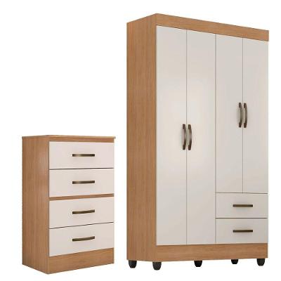 Kit Guarda Roupa Solteiro Lisa 4 Portas de Bater 4 Gavetas MDP Nature-off White