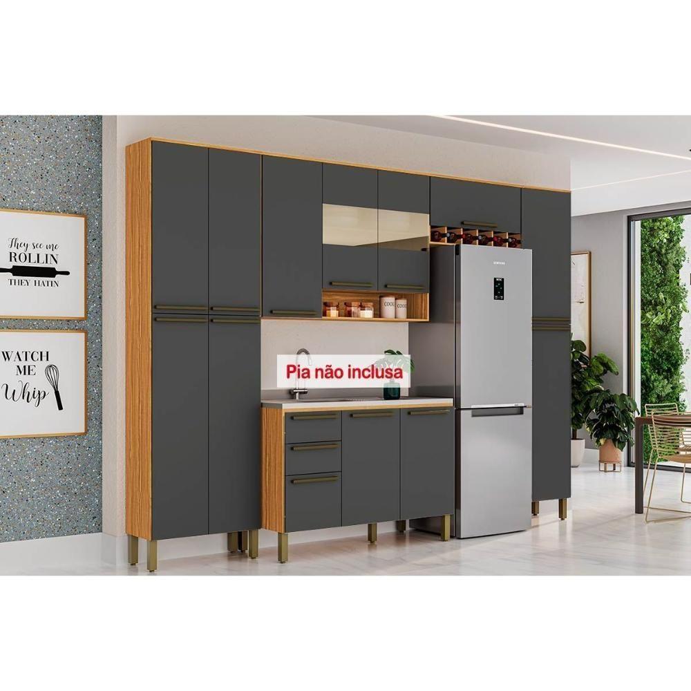 Kit Cozinha Modulada 5 Peças Nápoli Prime 2 Aéreos + 1 Balcão+ 2 Paneleiros C5p96 Amendoa Grafite Ronipa - 1