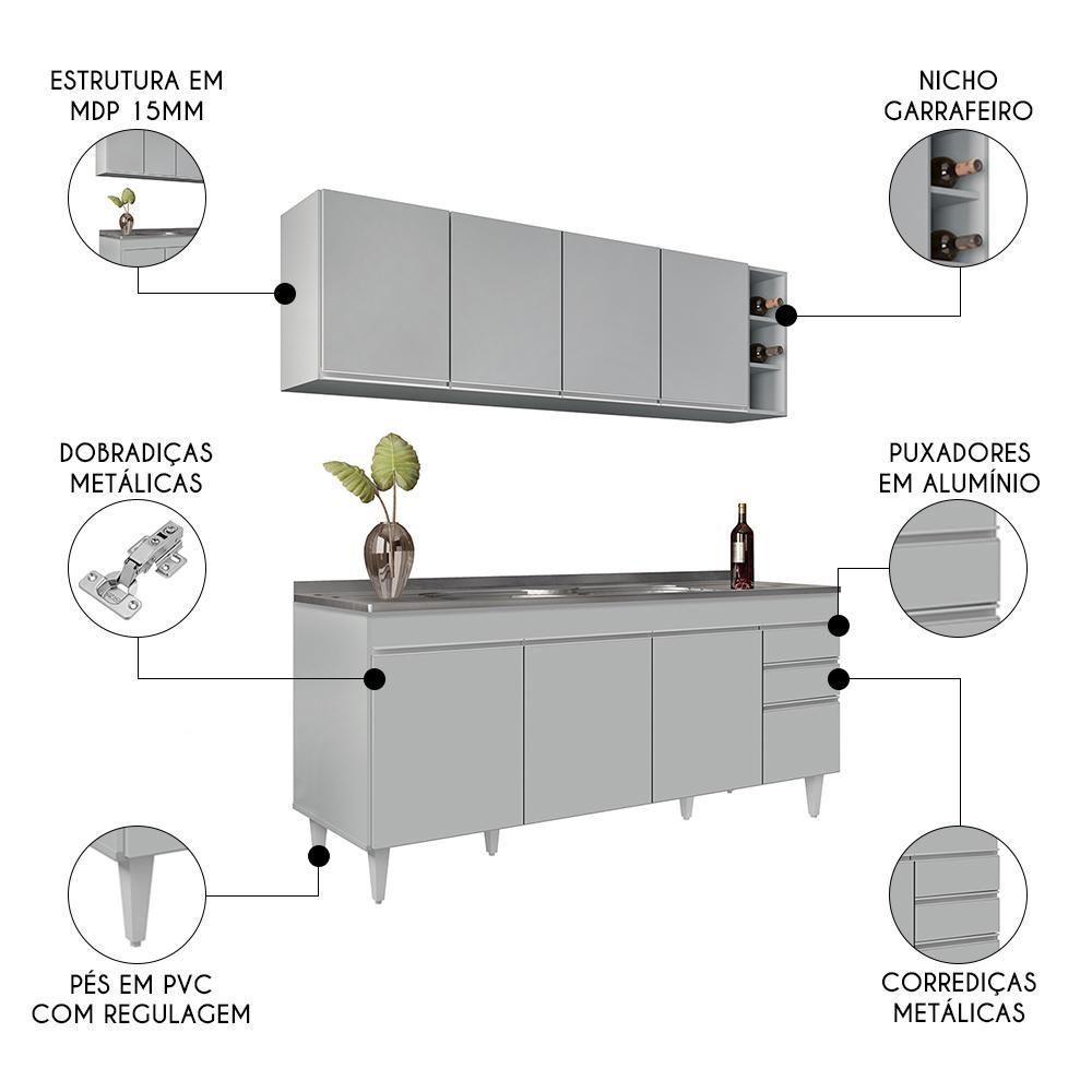 Armário De Cozinha Nevada E Balcão Gabinete 180cm Com Pia Dallas Cinza Claro - Lumil - 3